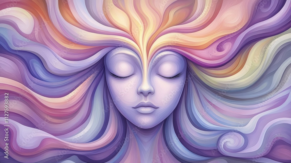 Dreamlike face with flowing pastel hair in a surreal, colorful artwork, AI Dreamlike face with flowing pastel hair in a surreal, colorful artwork, AI