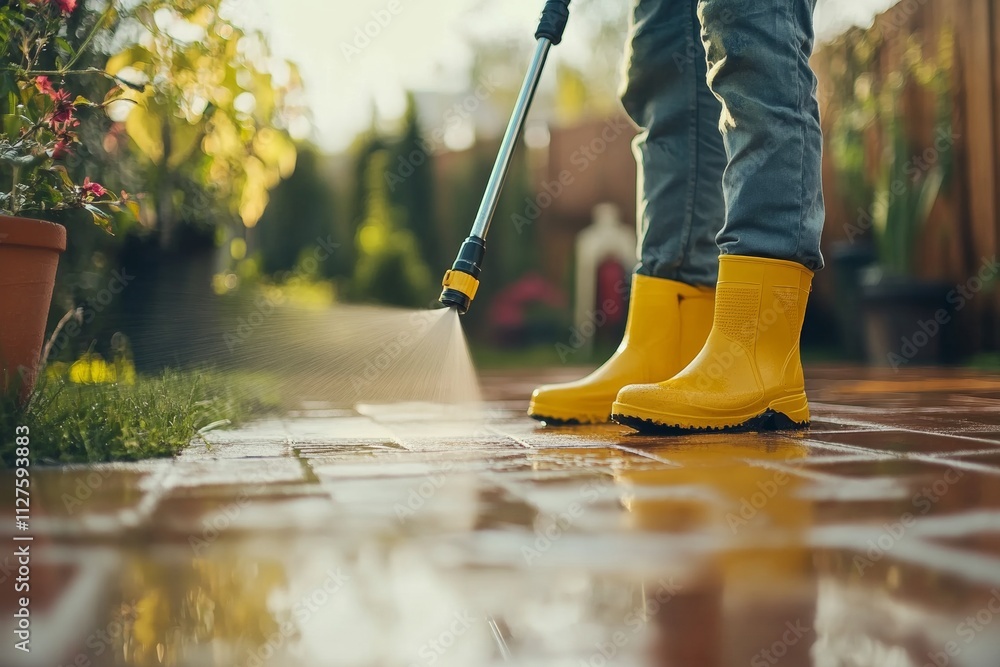 Vibrant pressure washer action cleaning patio tiles on a sunny day with yellow boots clad worker Vibrant pressure washer action cleaning patio tiles on a sunny day with yellow boots clad worker