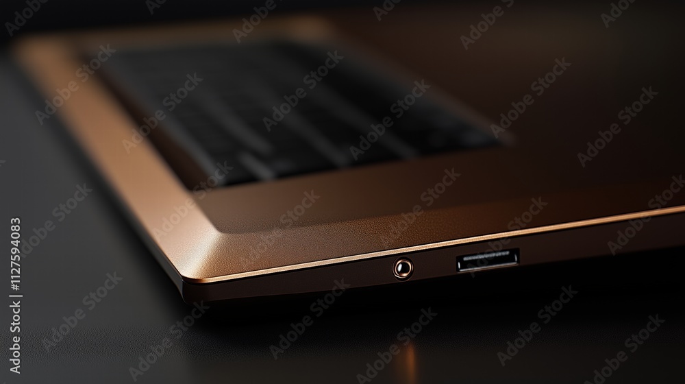 Close-up of a laptop corner with a bronze finish. premium tech design Close-up of a laptop corner with a bronze finish. premium tech design