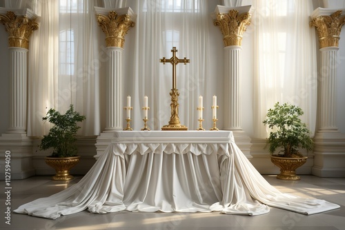 isolated in white background, center aligned Altar cloths drape the lectern, photo