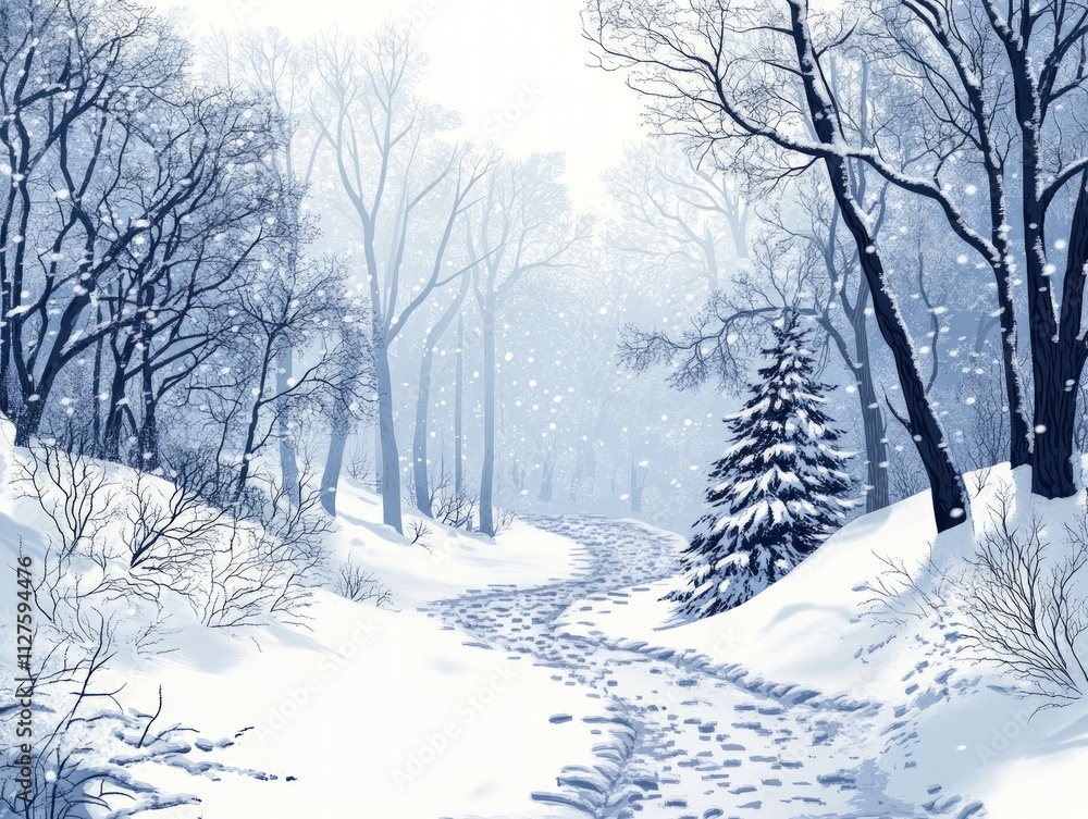 Snowy path winds through a tranquil winter forest. Snowy path winds through a tranquil winter forest.