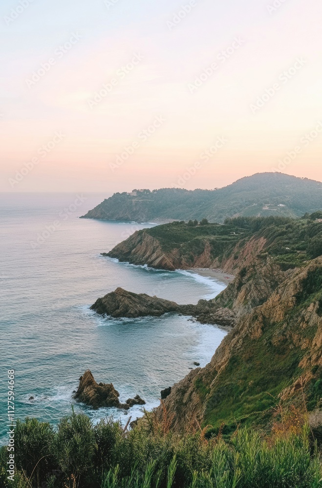 Fototapeta premium A beautiful ocean view with a rocky shoreline and mountains in the background