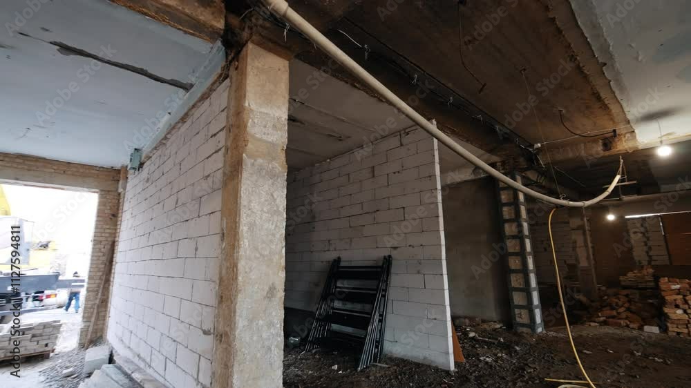 Bricks walls inside the large room with columns. Interior of the old building being reconstructed. Bricks walls inside the large room with columns. Interior of the old building being reconstructed.
