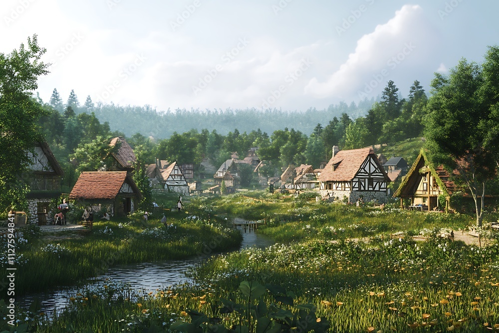 A serene village scene with quaint houses, lush greenery, and a flowing river. A serene village scene with quaint houses, lush greenery, and a flowing river.