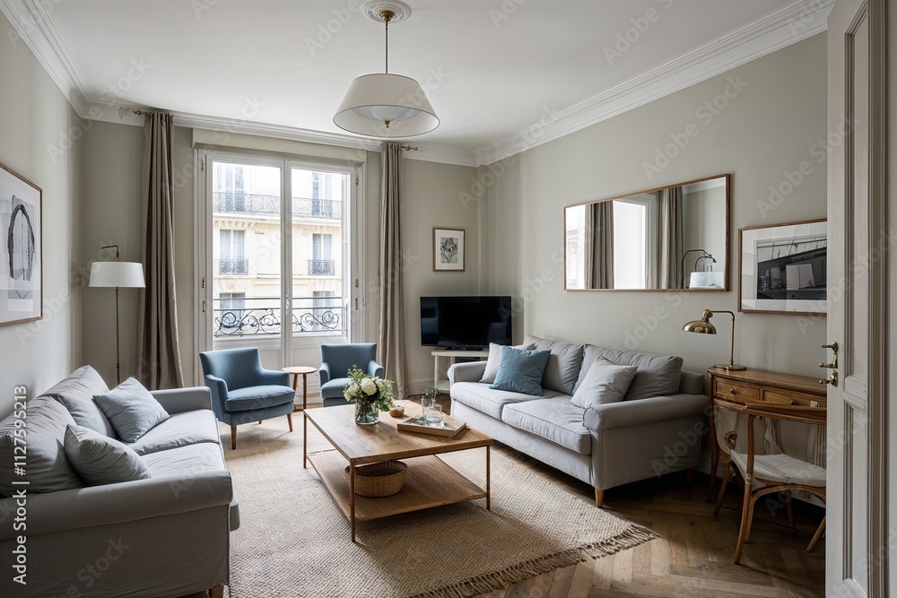 Fototapeta premium Cozy Parisian Flat with Soothing Scandinavian Designs for a Serene Living Room