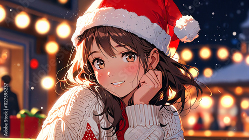 anime girl with santa claus hat christmas