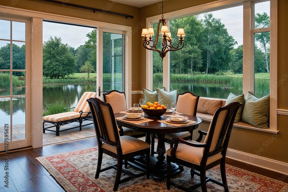 Obraz premium Harmonious Nature-Oriented Interior Design of a Dining Nook with Classic Recliner and Chaise by a Serene Pond View