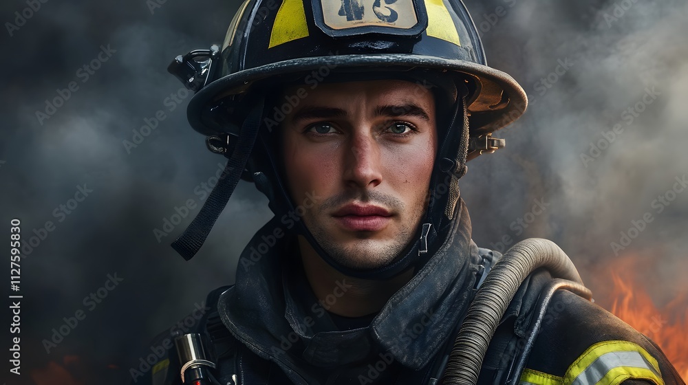 Realistic portrait of a dedicated firefighter in full uniform Realistic portrait of a dedicated firefighter in full uniform