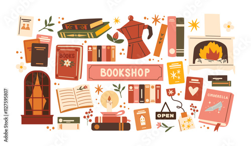 Bookshop stickers and autumn decor. Cozy shapes attributes of autumn: plants, leaves, books, fireplace, warmth and coziness. Cute library stickers in retro cartoon doodle style