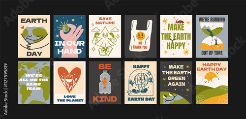 Cartoon eco posters in retro groovy style. Ecology, organic products, natural product, vegan, bio, environmental protection. Vector set elements. Earth Defense Day Banner