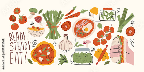 Set of fresh food products. Grocery basket, dishes, pizza, vegetables, breakfasts, ingredients. Fresh grocery products. Cartoon doodle carton retro supermarket stickers