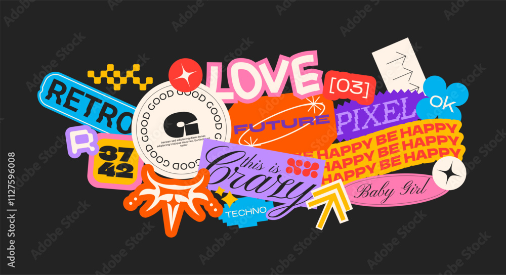Naklejka premium Futuristic y2k patches, labels, tags, stickers, bracelet stamps in retro style. Cartoon stickers in funky hipster groovy grunge 90s style. Vector set, trendy promo labels