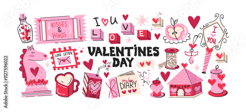 Cartoon stickers for St. Valentine's Day on February 14 in retro 90s style. Romantic elements, love envelope, hearts,love, gifts. Vector shapes set.	