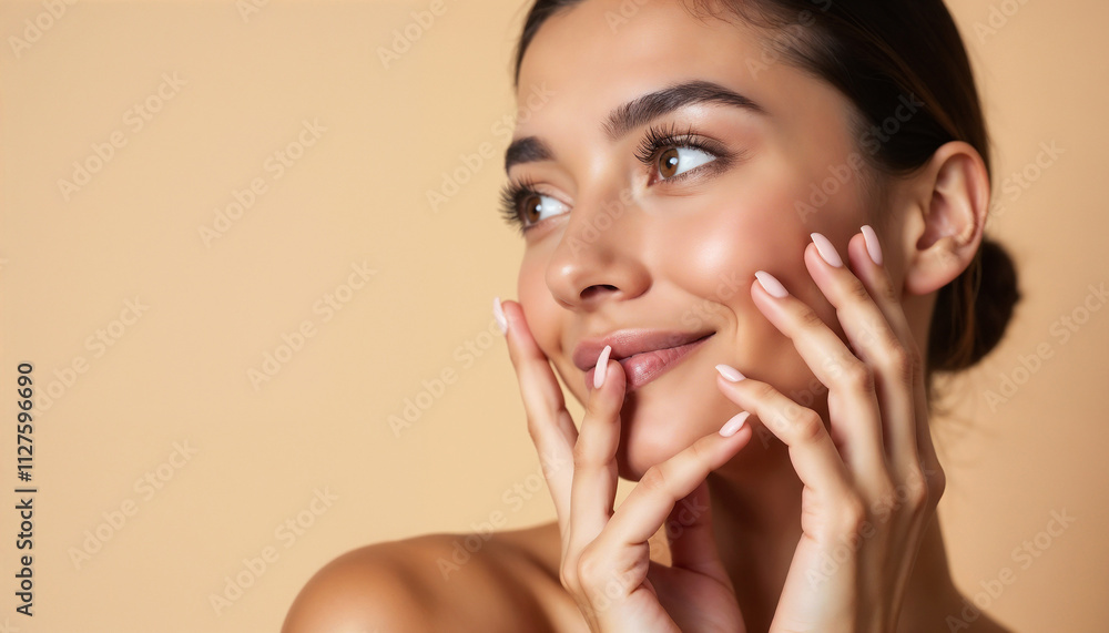Portrait of a woman embracing her natural beauty with a gentle touch on her cheeks. She stands against a soft peach background, radiating elegance and confidence.
Portrait of a woman embracing her natural beauty with a gentle touch on her cheeks. She stands against a soft peach background, radiating elegance and confidence.