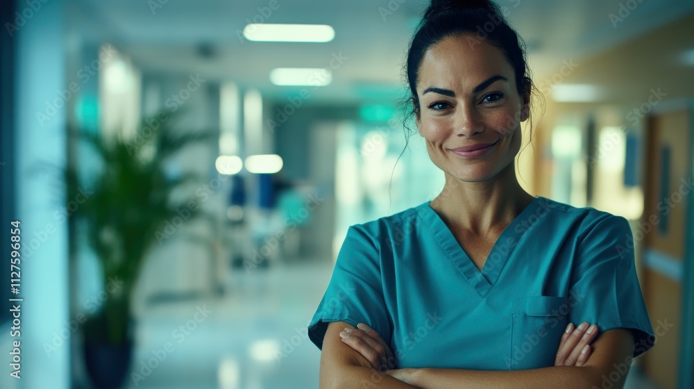 Fototapeta premium A close-up portrait of a confident female doctor wearing teal scrubs, standing in a brightly lit hospital corridor, with a gentle smile and crossed arms