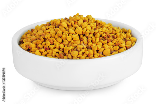 Bee pollen grains in ceramic bowl isolated on white background