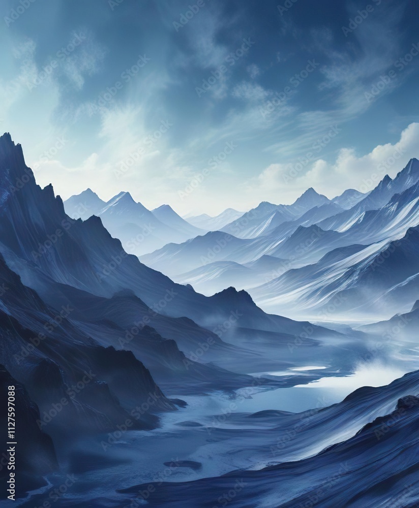 Mountainous landscape with indigo blue and light blue watercolor waves, serene landscapes, oceanic elements Mountainous landscape with indigo blue and light blue watercolor waves, serene landscapes, oceanic elements