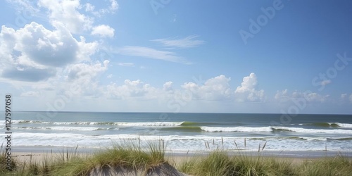 Fototapeta Naklejka Na Ścianę i Meble -  A stunning panoramic view of the North Sea from atop a sandy dune, landscape, scenery
