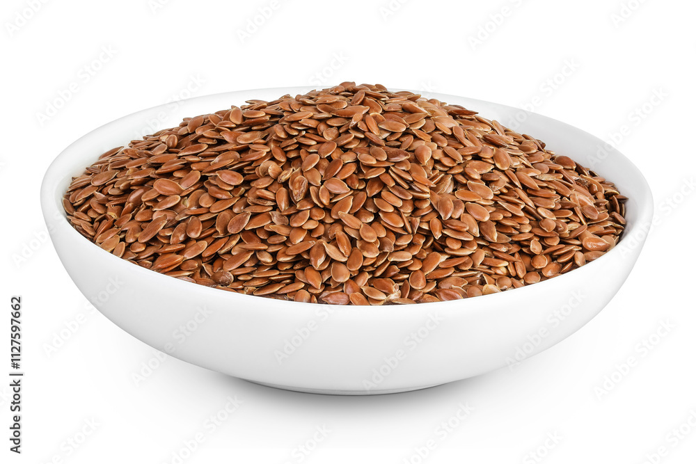 flaxseed in ceramic bowl isolated on white background. Top view. Flat lay flaxseed in ceramic bowl isolated on white background. Top view. Flat lay