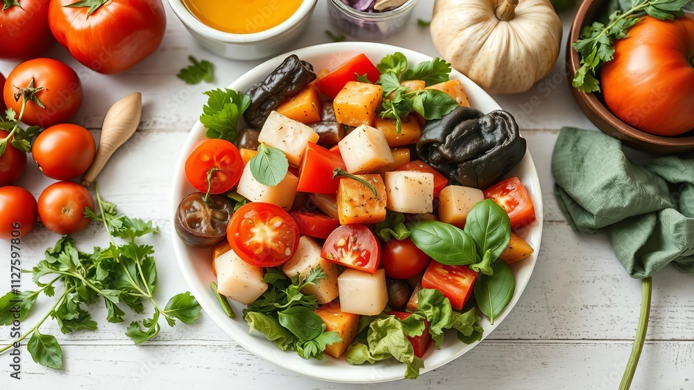 A vibrant assortment of fresh vegetables, fruits, whole grains, legumes, and lean proteins for a healthy dash flexitarian mediterranean diet, balanced diet, Mediterranean cuisine A vibrant assortment of fresh vegetables, fruits, whole grains, legumes, and lean proteins for a healthy dash flexitarian mediterranean diet, balanced diet, Mediterranean cuisine