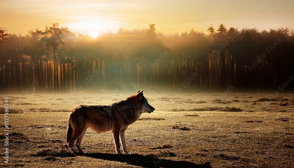 The dense forest disappears and a wolf stands alone on a vast plain. The dense forest disappears and a wolf stands alone on a vast plain.