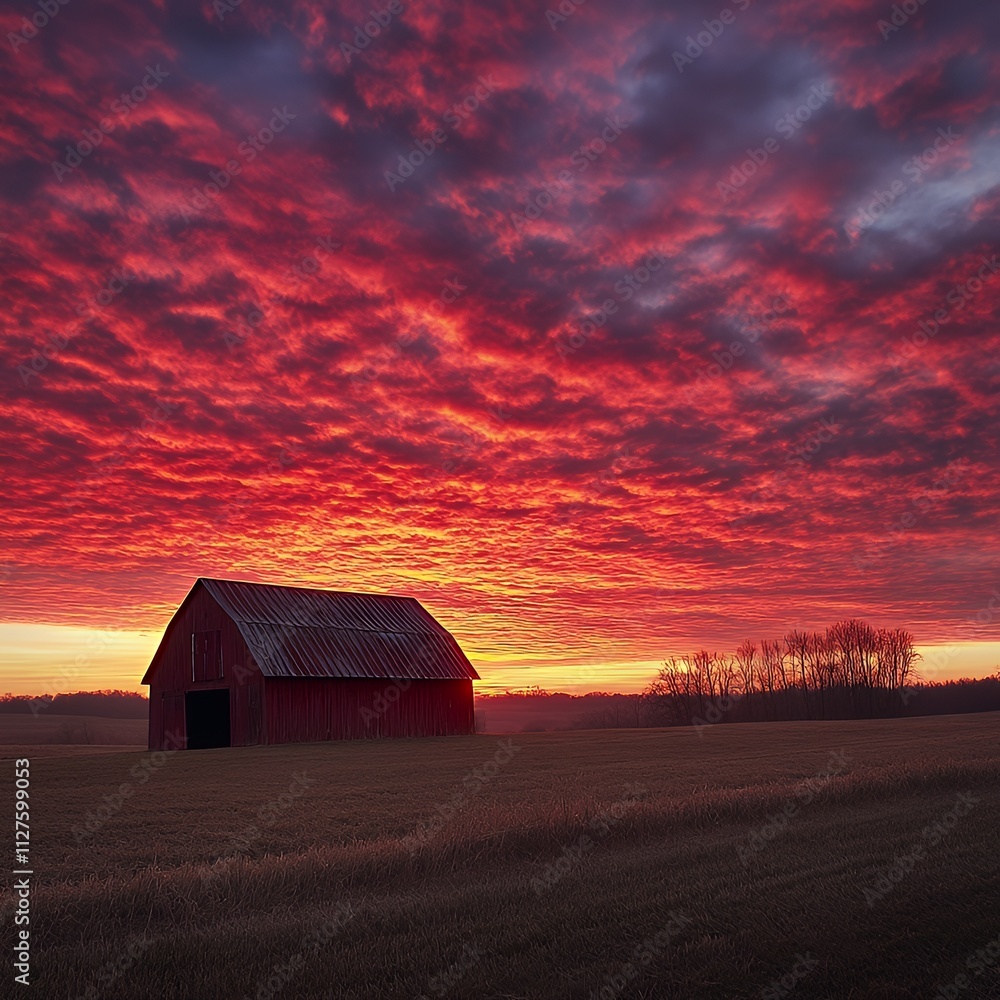 Sunset over a rural barn with a colorful sky