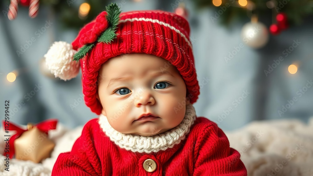Adorable newborn baby boy dressed in Christmas outfit with festive hat and surrounded by holiday decorations, little, baby boy Adorable newborn baby boy dressed in Christmas outfit with festive hat and surrounded by holiday decorations, little, baby boy