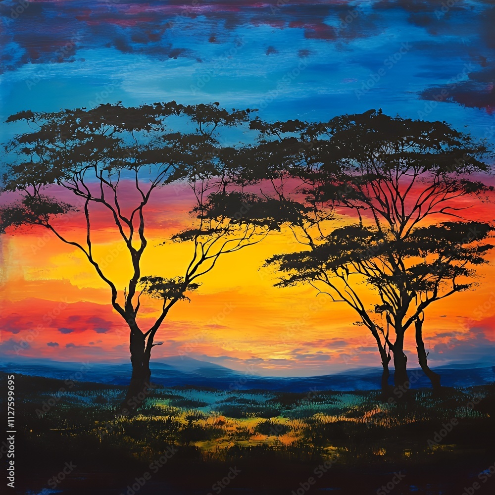 Sunset over the savanna with acacia trees in silhouette Sunset over the savanna with acacia trees in silhouette
