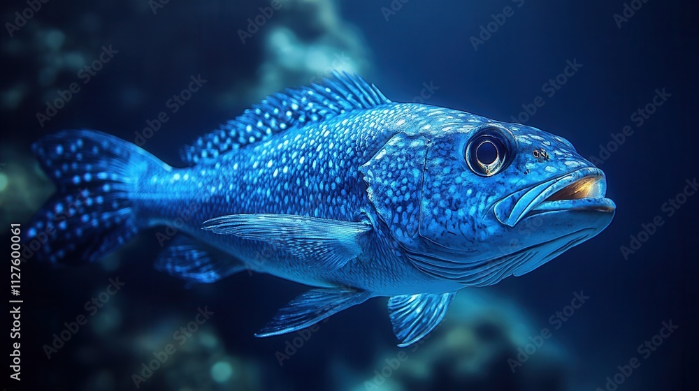 Close-up of a vibrant blue fish with detailed speckled scales, captured in deep ocean waters with a soft-focus marine background Close-up of a vibrant blue fish with detailed speckled scales, captured in deep ocean waters with a soft-focus marine background
