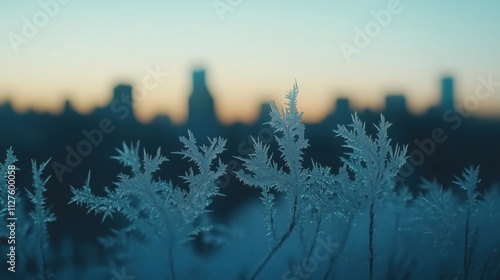 Eisblumen mit Stadtblick im Hintergrund