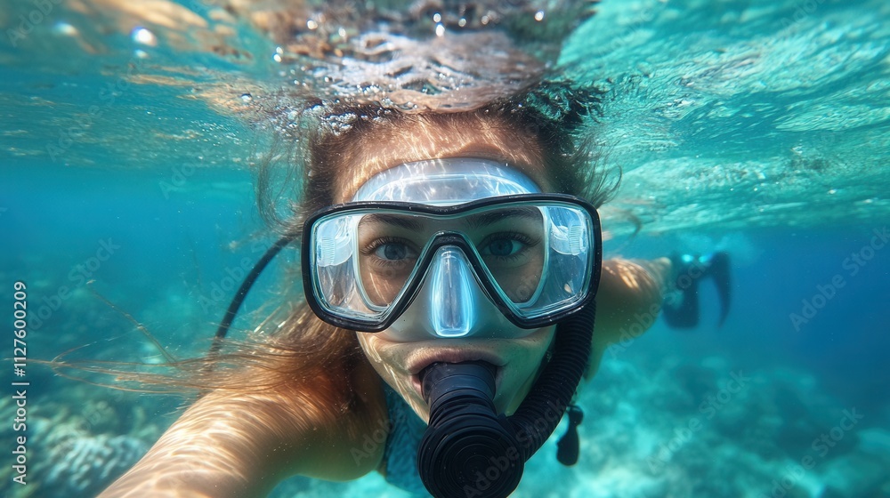 Fototapeta premium A portrait of a girl underwater and air bubbles, capturing the beauty and weightlessness of the underwater world