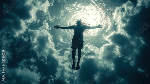 Wallpaper Mural A diver's silhouette descending into the blue ocean depths among fish and corals illuminated by sunbeams Torontodigital.ca