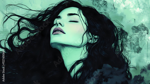 A woman with long, dark hair, her eyes closed, her head tilted back as if in a state of reverie or trance. Reverie. Illustration