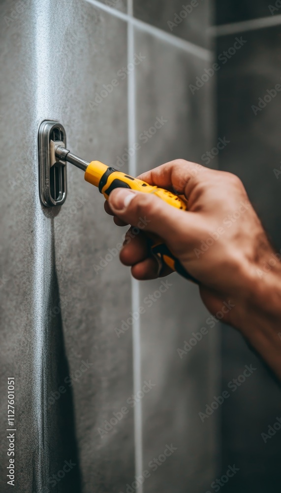 Close up of plumber installing steel hot water system with screwdriver in apartment setting Close up of plumber installing steel hot water system with screwdriver in apartment setting