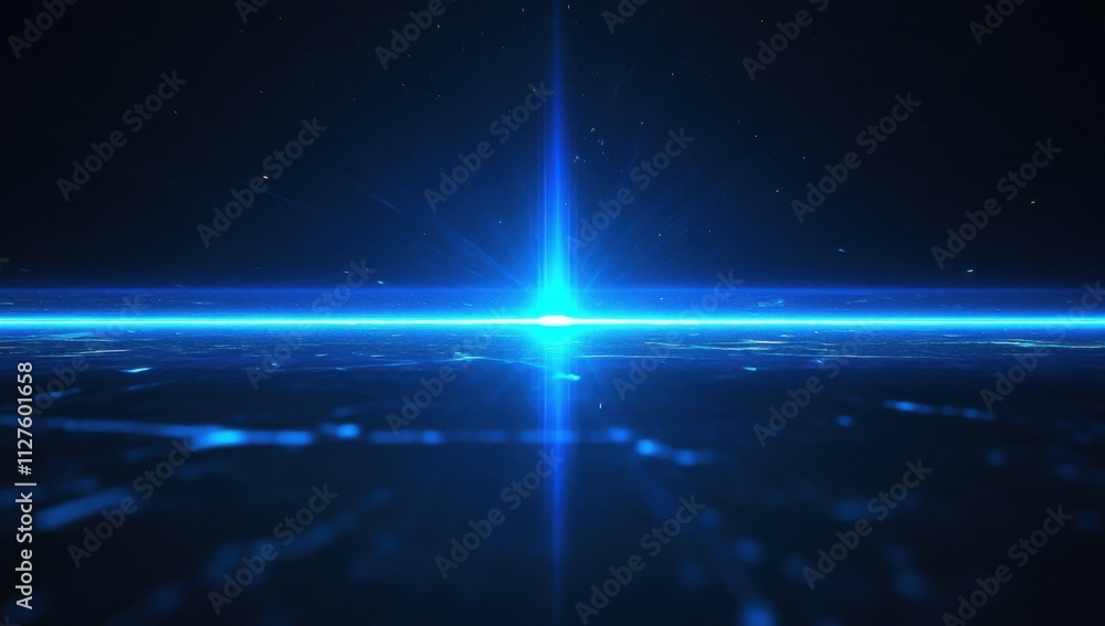 Obraz premium Blue light beam background, sci-fi technology style. The blue glow illuminates the dark space with stars and digital lines in motion. Sci-fi background for science fiction or futuristic movies.