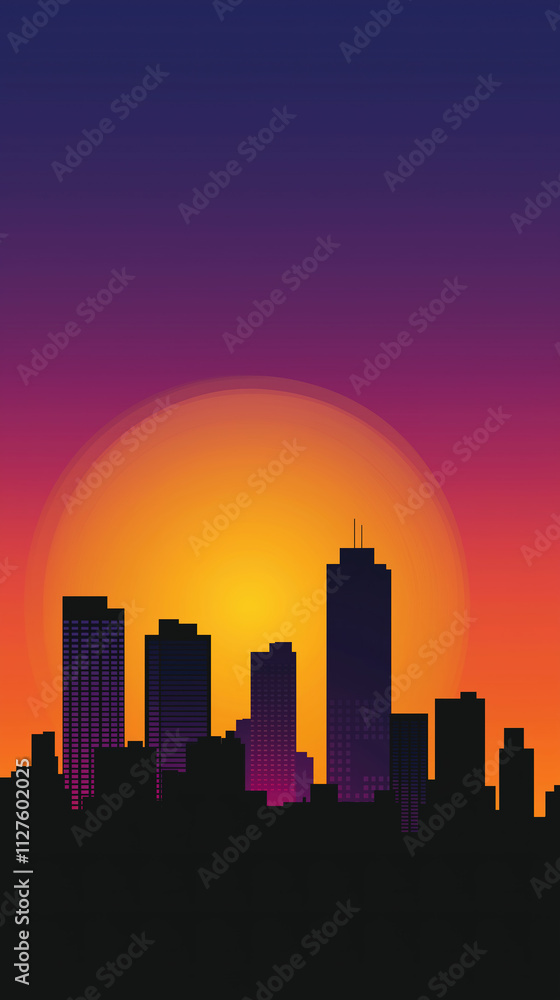 Stylish Flat Vector Illustration of a City Skyline at Sunset for Modern Urban Decor and Artwork Stylish Flat Vector Illustration of a City Skyline at Sunset for Modern Urban Decor and Artwork