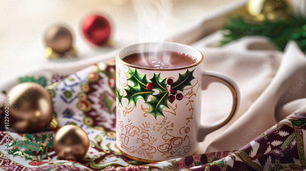 Beautifully decorated mug of hot cocoa, steaming and cozy with holly leaves and berries patterned around the rim and handle, set on an elegant Christmas tablecloth adorned with small red ornaments Beautifully decorated mug of hot cocoa, steaming and cozy with holly leaves and berries patterned around the rim and handle, set on an elegant Christmas tablecloth adorned with small red ornaments