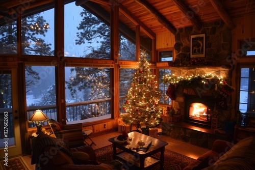 Wallpaper Mural Cozy winter evening by the fireplace with a decorated Christmas tree in a mountain cabin Torontodigital.ca