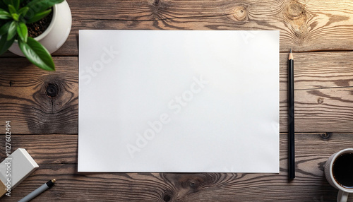 A4 paper mockup on wooden table with accessories