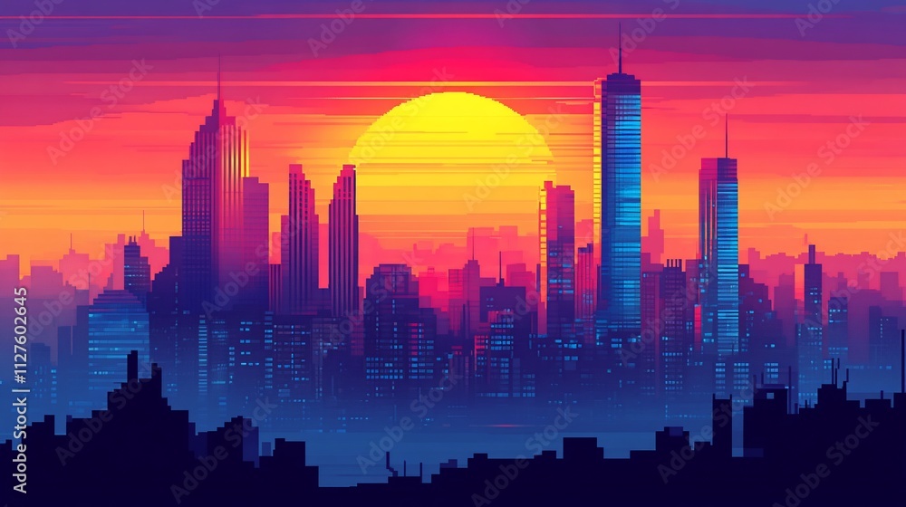 Vibrant sunset over a futuristic city skyline. Vibrant sunset over a futuristic city skyline.