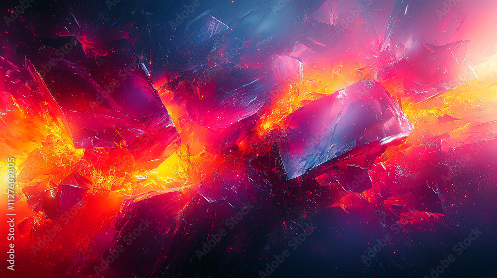abstract art showcasing a vibrant clash of red and yellow with crystalline structures and dynamic shards across a cosmic backdrop abstract art showcasing a vibrant clash of red and yellow with crystalline structures and dynamic shards across a cosmic backdrop