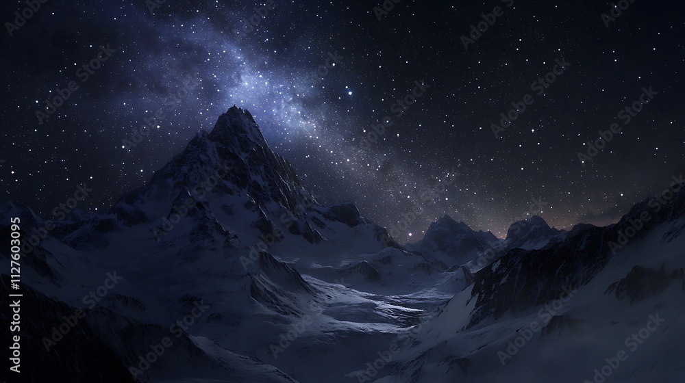 A serene night landscape with a starry sky and a majestic mountain range. A serene night landscape with a starry sky and a majestic mountain range.