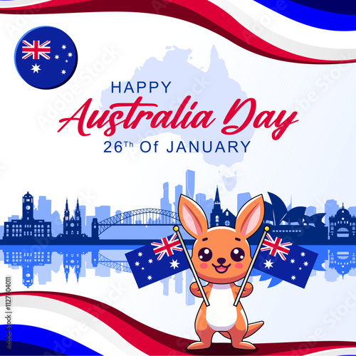 Australia day banner design for 26 January. Elegant banner for the national day of Australia with kangaroo cartoon, Australian flag and skyscraper silhouette and Australian map. Australian flag theme 