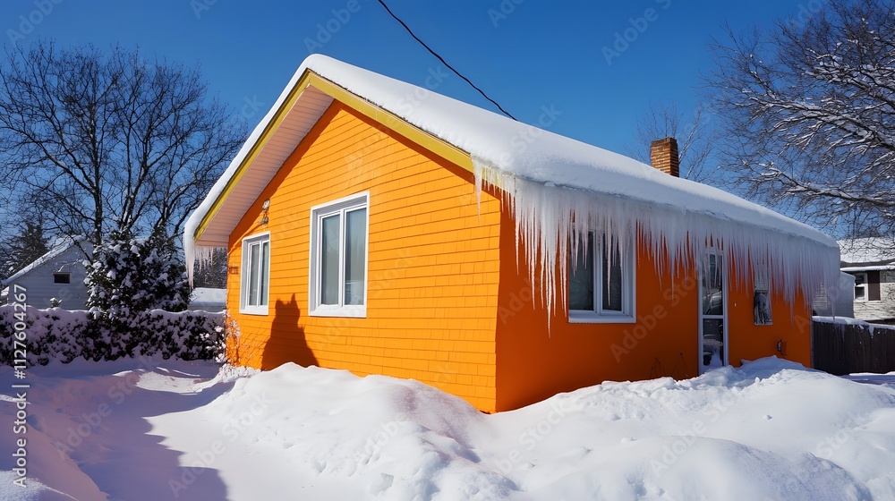 Icicles hang from a snow covered roof of an orange house on a bright, sunny winter day Icicles hang from a snow covered roof of an orange house on a bright, sunny winter day