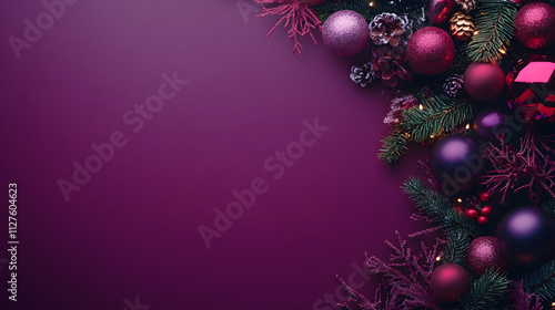 A vibrant display of Christmas decorations featuring classic ornaments and pine branches on a rich purple background, evoking festive and elegant holiday vibes.