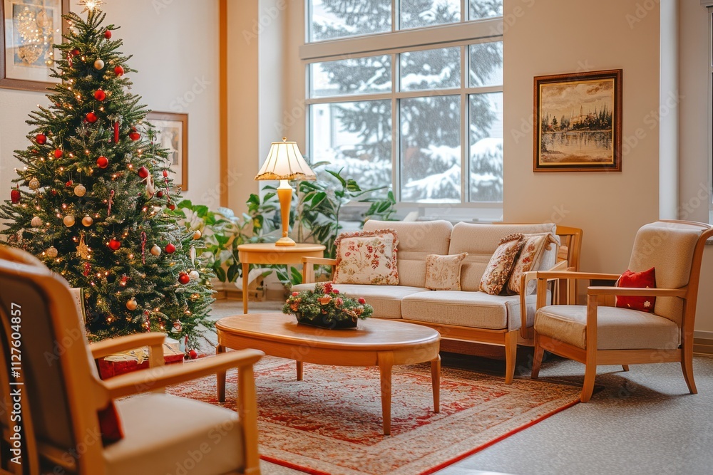 Retirement Home or Nursing Home Living Room Interior With Christmas Tree Retirement Home or Nursing Home Living Room Interior With Christmas Tree