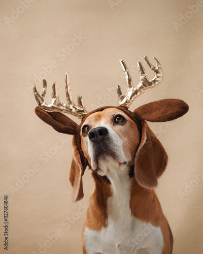 A beagle poses with decorative antlers against a beige backdrop, giving a festive and curious expression. The neutral background complements the playful holiday theme. photo