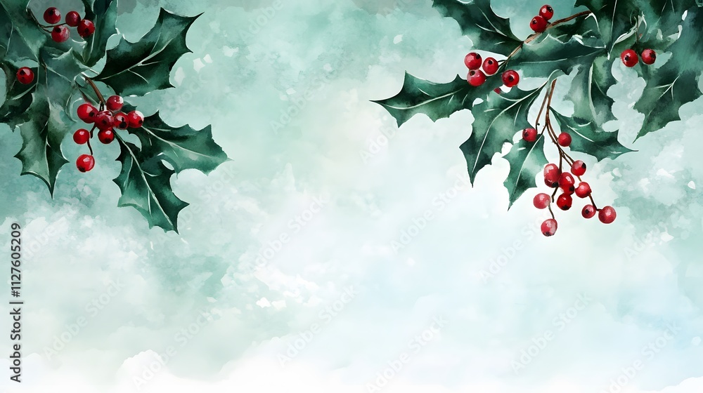 Fototapeta premium A cute Christmas-themed poster background with watercolor elements, featuring misty holly leaves and berries in the top right corner,