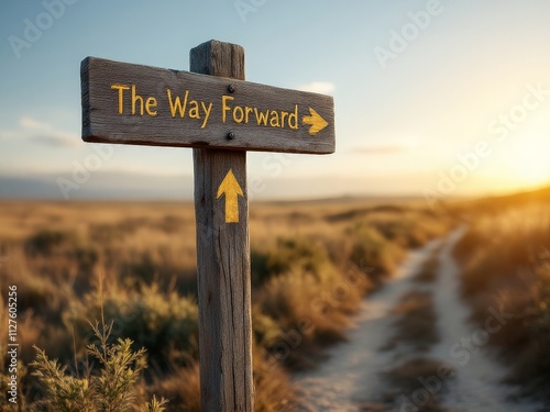 Path of discovery leading into a vibrant sunset with directional sign guiding explorers toward new adventures