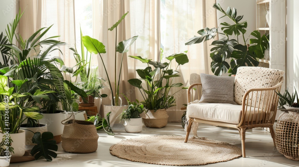Fototapeta premium Modern Greenery: Neutral Living Room with Rattan Armchair, Tropical Plants, and Elegant Decor